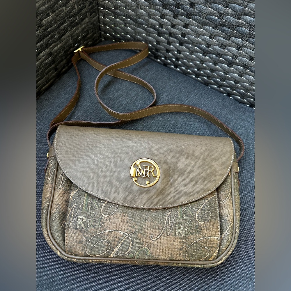 SOLD🔥Vintage NINA RICCI Taupe Olive Leather Monogram Crossbody Designer Bag